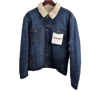 Wrangler Men's Regular Fit Sherpa Lined Denim Jean Jacket Dark Blue Wash Medium